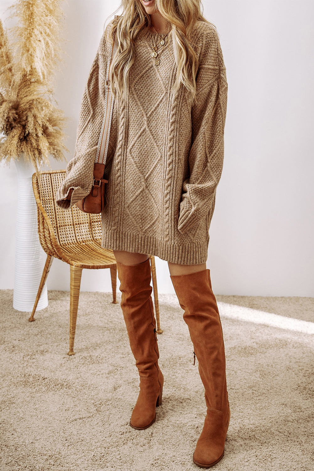 Coffee Cable Knit Drop Shoulder Loose Fit Sweater Dress