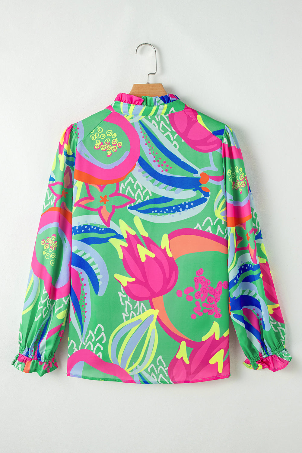 Green Abstract Print Ruffled Sleeve Buttoned V Neck Blouse - Glimmer Road 