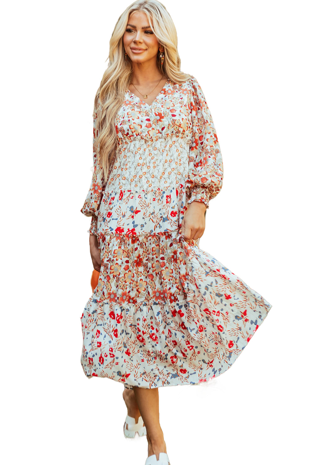 Khaki Floral Print Ruffled Tiered Long Sleeve V Neck Midi Dress - Glimmer Road 