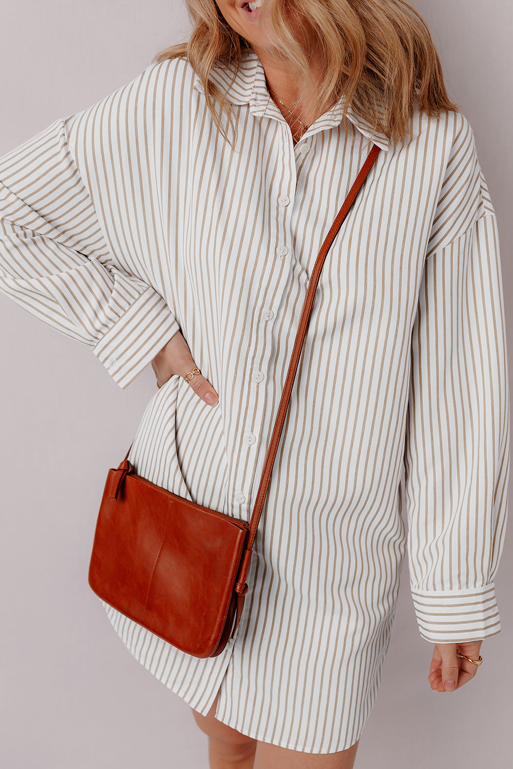 Khaki Stripe Long Sleeve Button Up Mini Shirt Dress