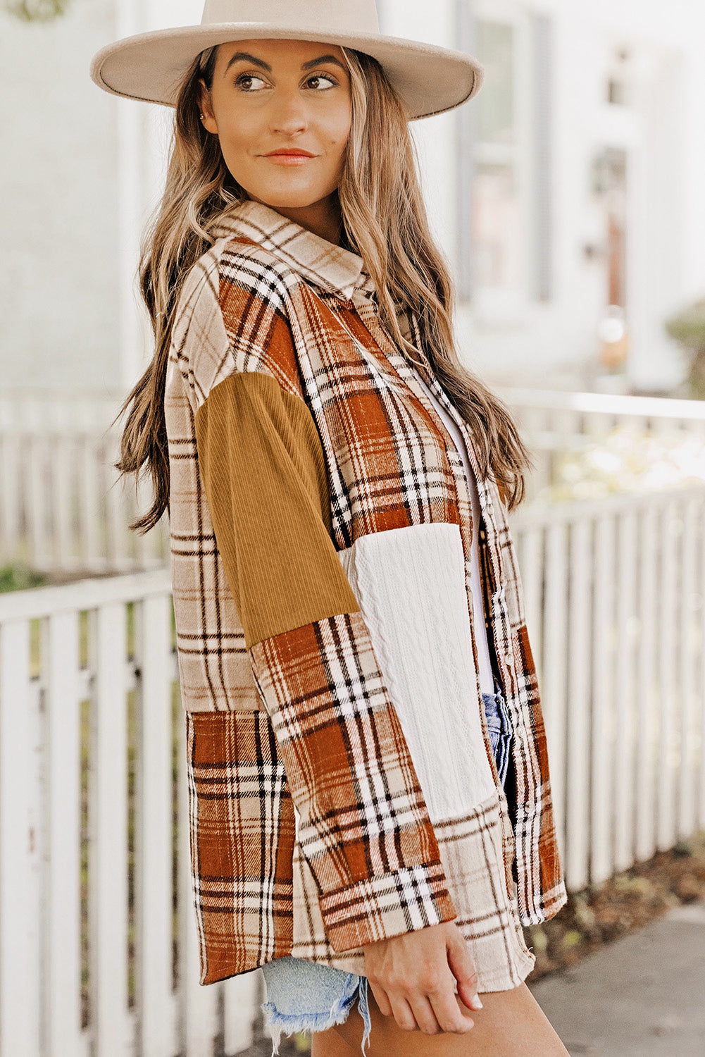 Orange Plaid Color Block Patchwork Shirt Jacket with Pocket - Glimmer Road 