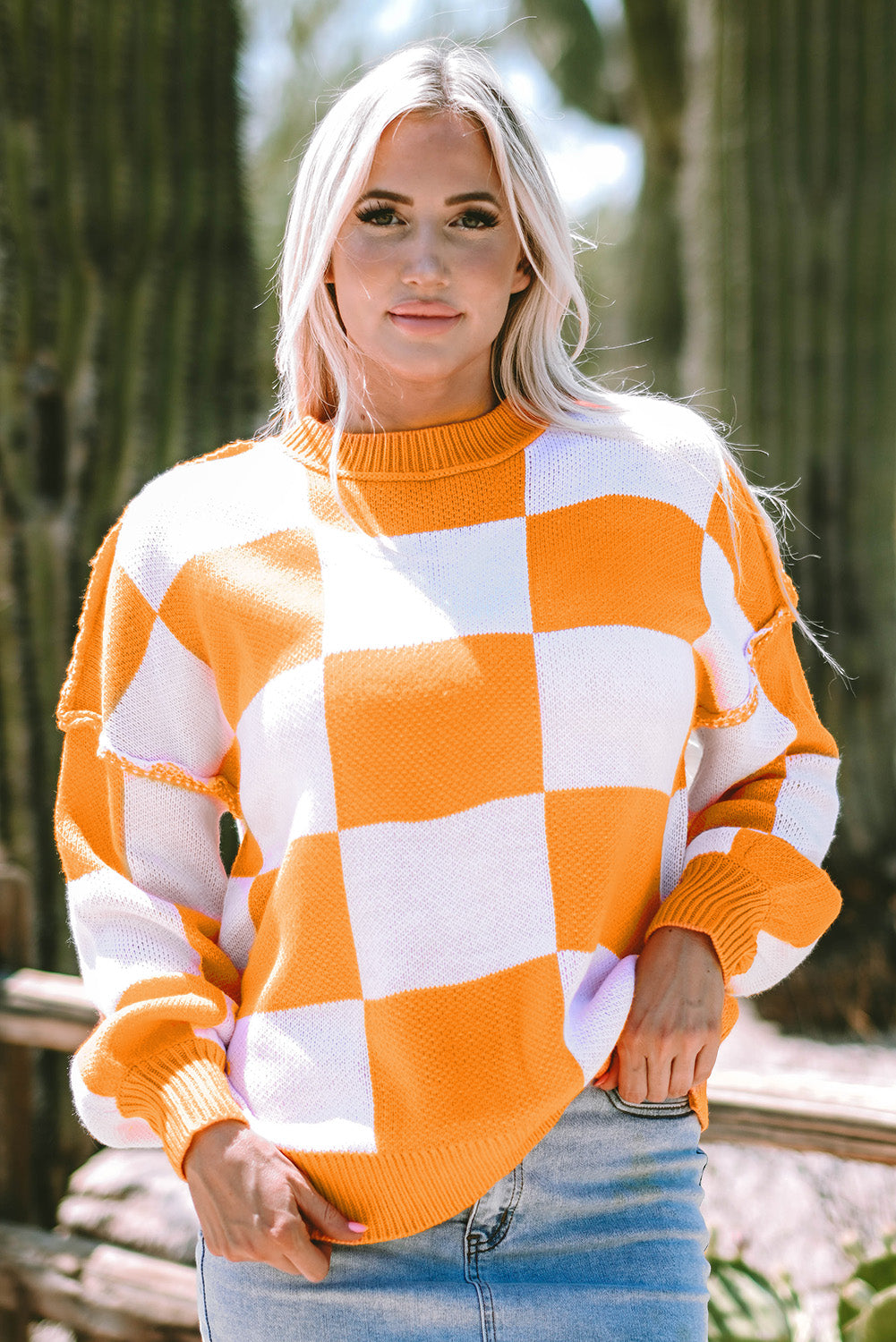 Orange Checkered Bishop Sleeve Sweater - Glimmer Road 