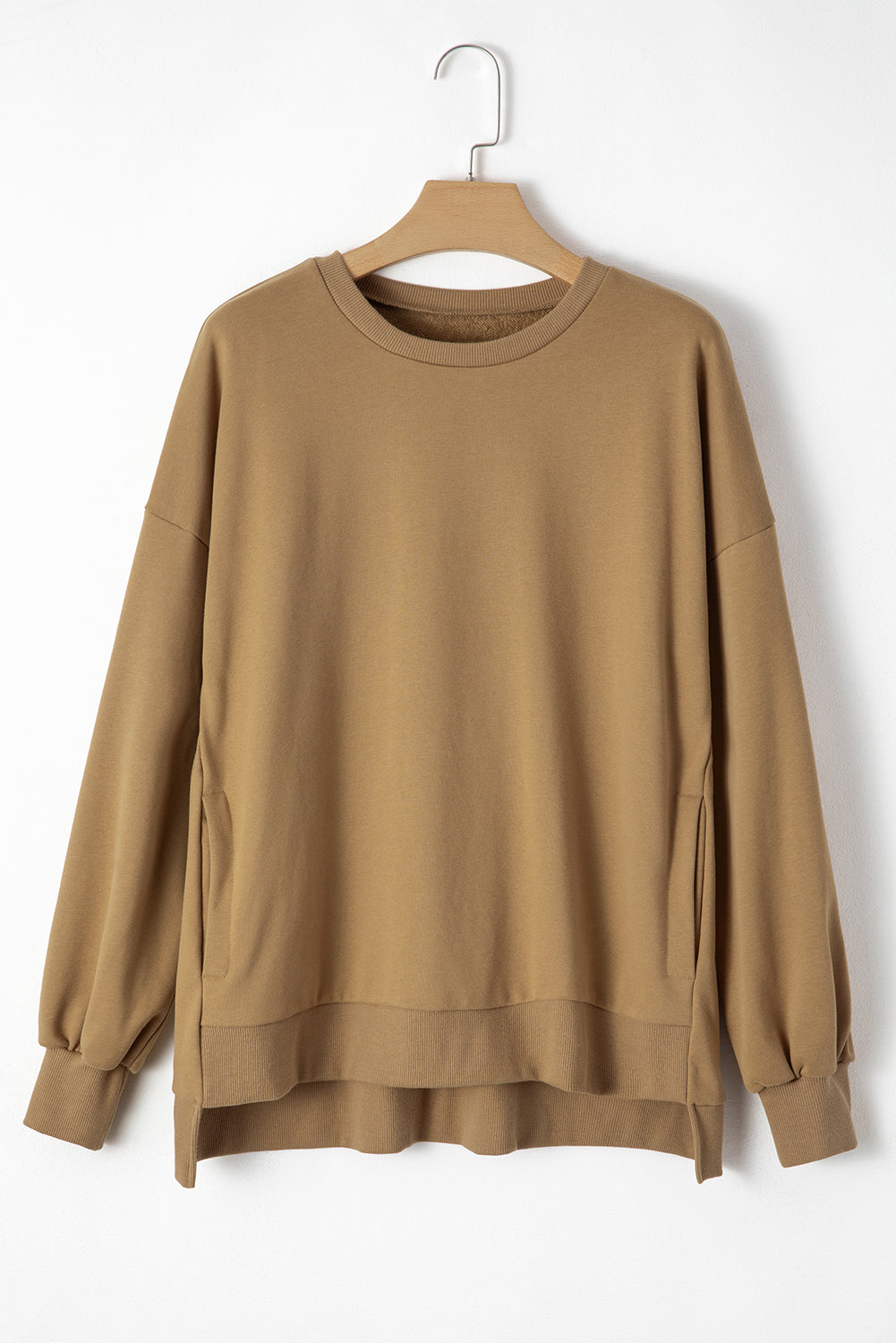 Brown Solid O Neck High Low Hem Pullover Sweatshirt