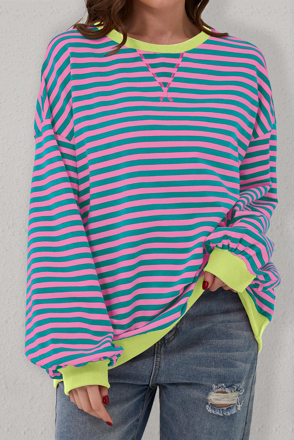 Green Stripe Oversized Contrast Trim Pullover Sweatshirt - Glimmer Road 