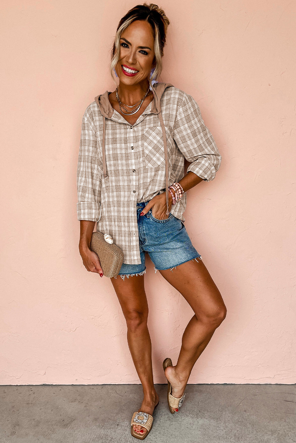 Khaki Checkered Print Loose Fit Buttoned Hooded Shacket - Glimmer Road 