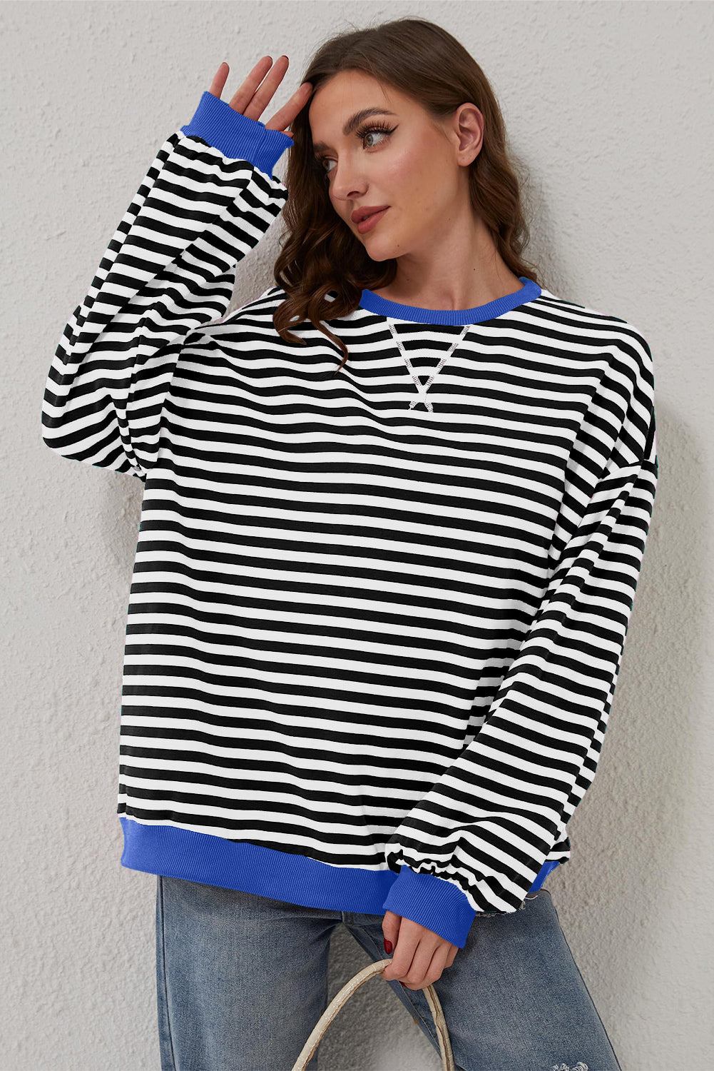 Black Stripe Oversized Contrast Trim Pullover Sweatshirt - Glimmer Road 