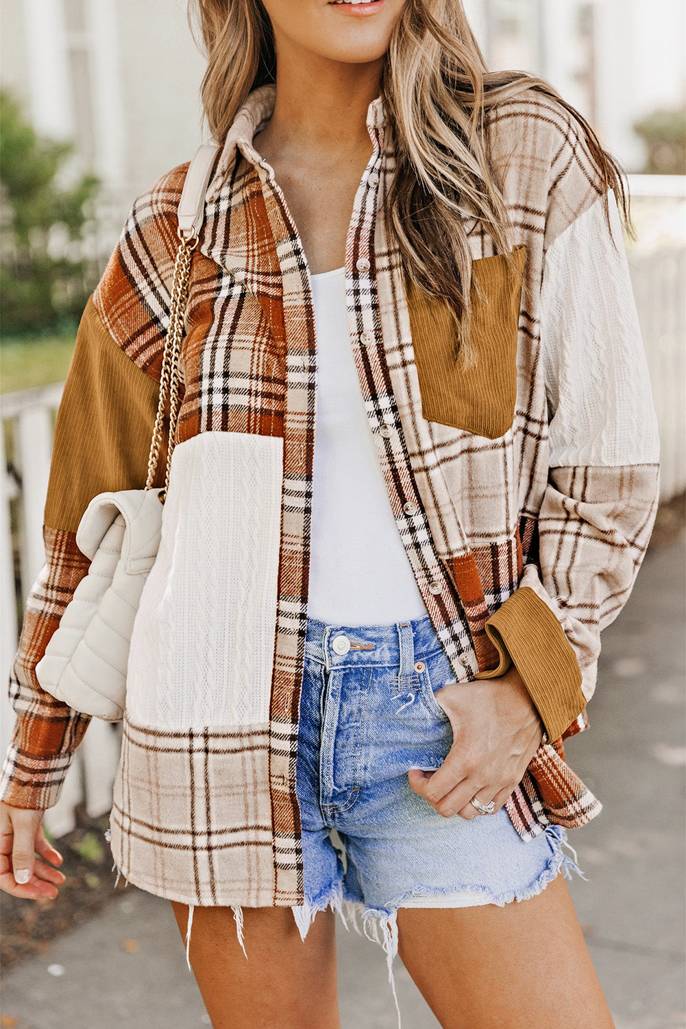 Orange Plaid Color Block Patchwork Shirt Jacket with Pocket - Glimmer Road 