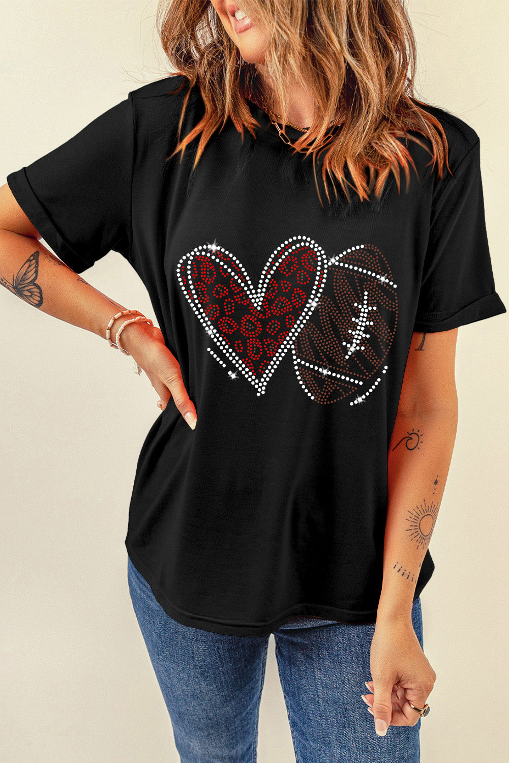 Black Rhinestone Rugby Football Heart Shape Graphic T Shirt - Glimmer Road 