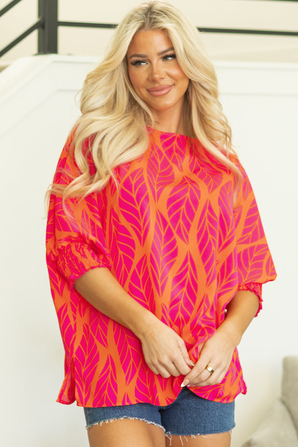 Rose Tropical Leaf Print Smocked Puff Sleeve Blouse - Glimmer Road 