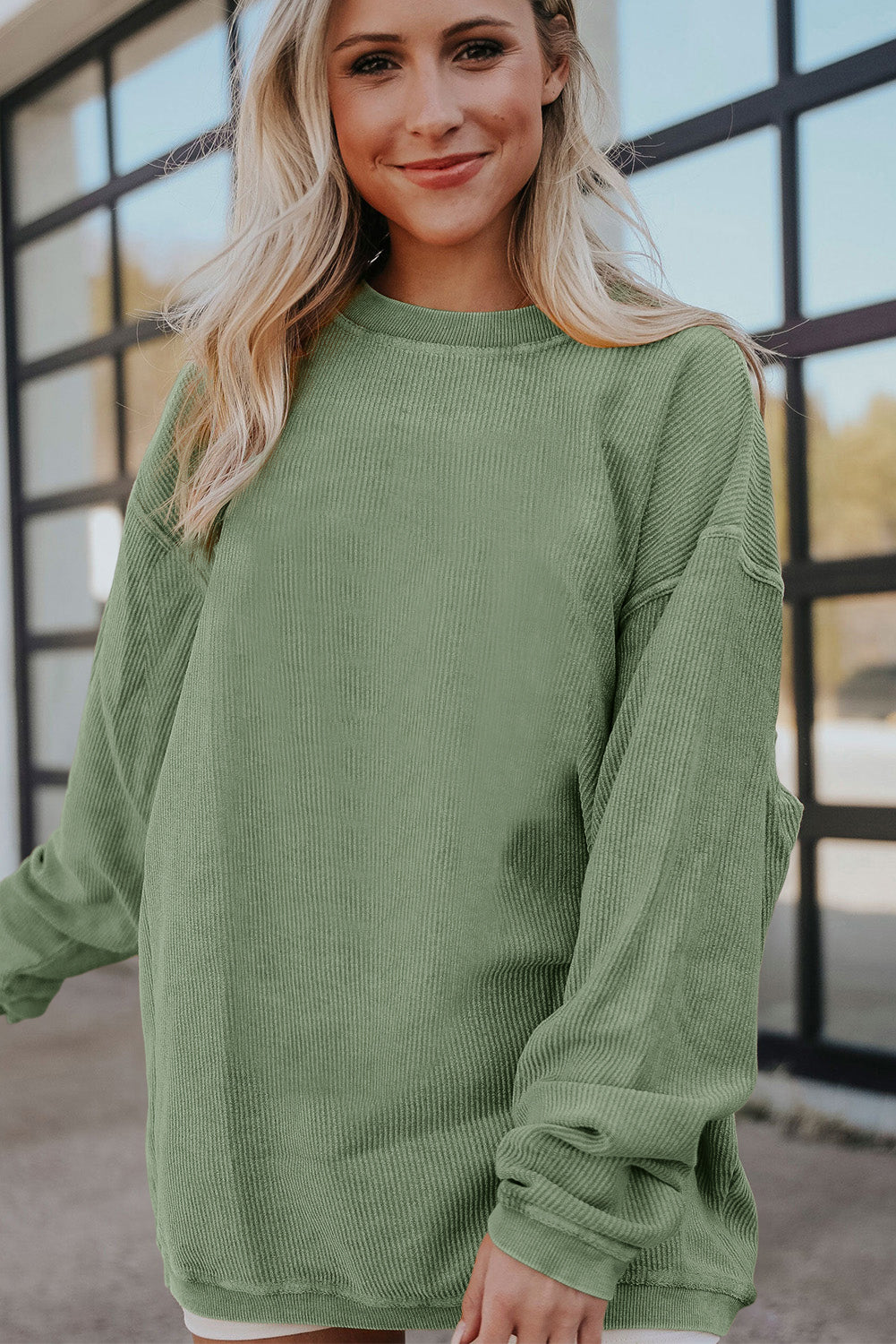 Grass Green Ribbed Corduroy Oversized Sweatshirt - Glimmer Road 