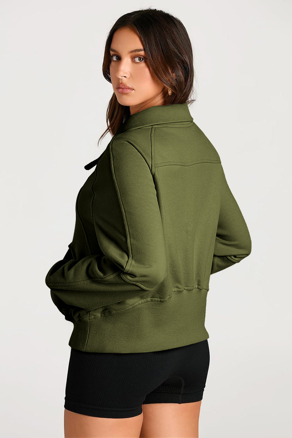 Moss Green Quarter Zip Stand Neck Kangaroo Pocket Sweatshirt