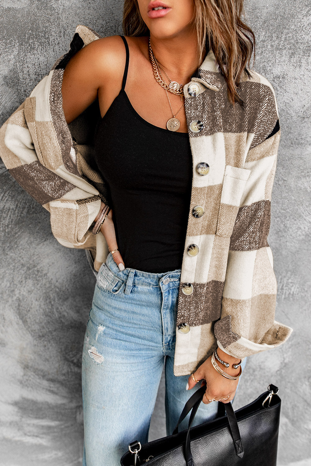 Khaki Plaid Color Block Buttoned Long Sleeve Jacket with Pocket - Glimmer Road 