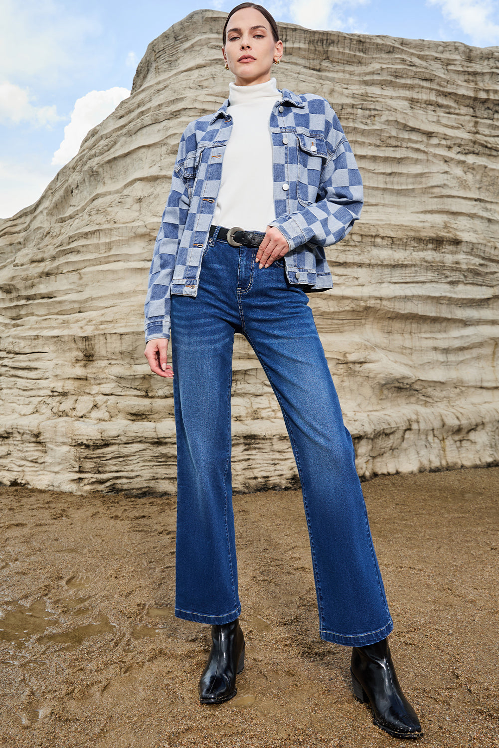 Light Blue Checkered Patchwork Button up Denim Jacket - Glimmer Road 