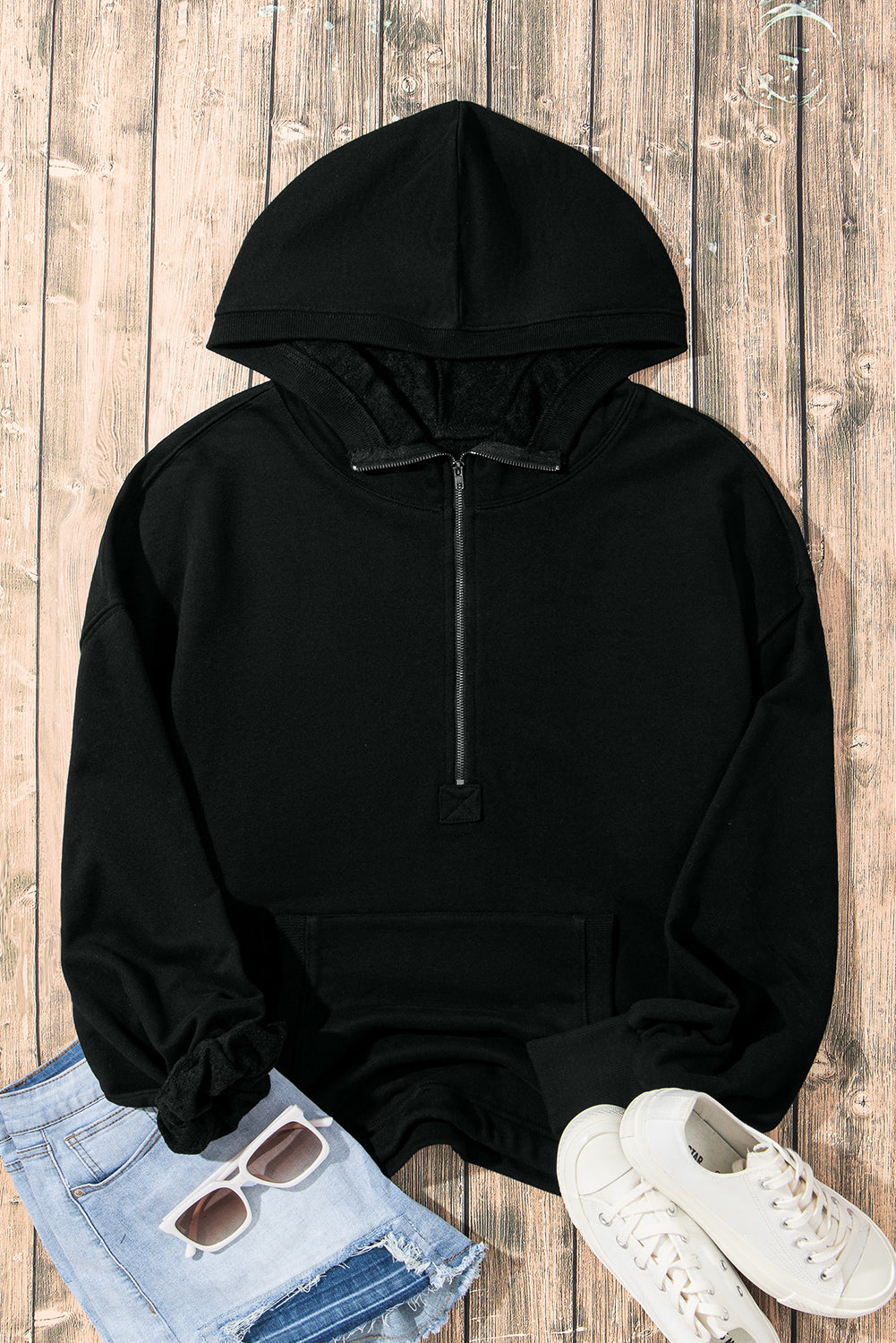 Light Grey Solid Kangaroo Pocket Half Zipper Oversized Hoodie - Glimmer Road 