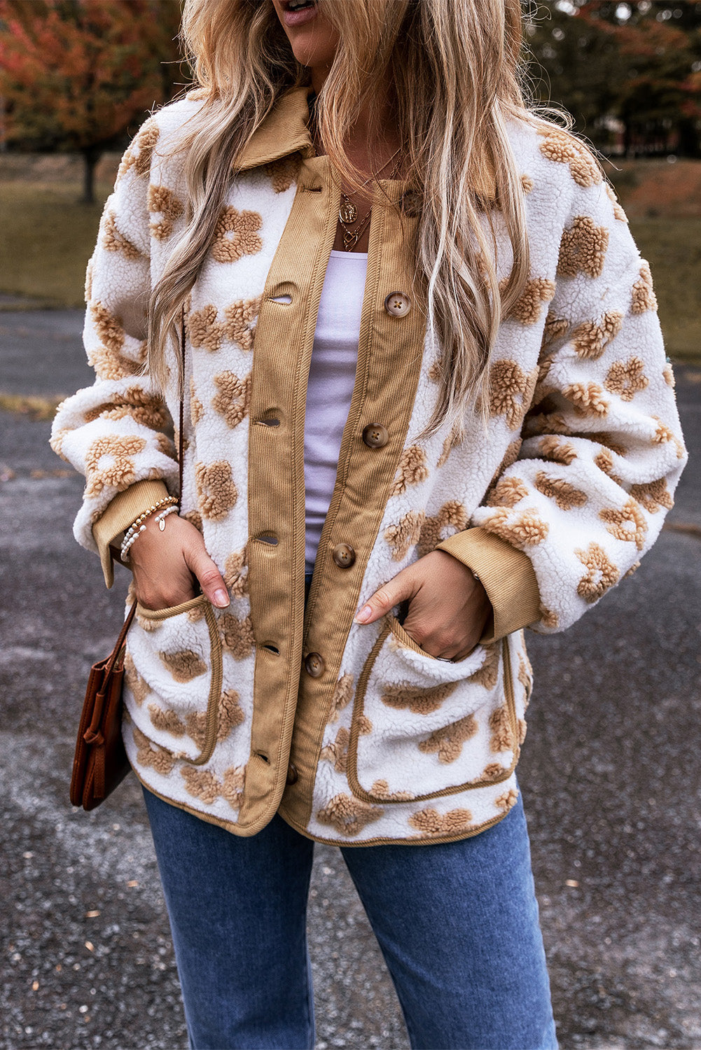Light French Beige Cute Flower Pattern Button Up Fleece Jacket - Glimmer Road 