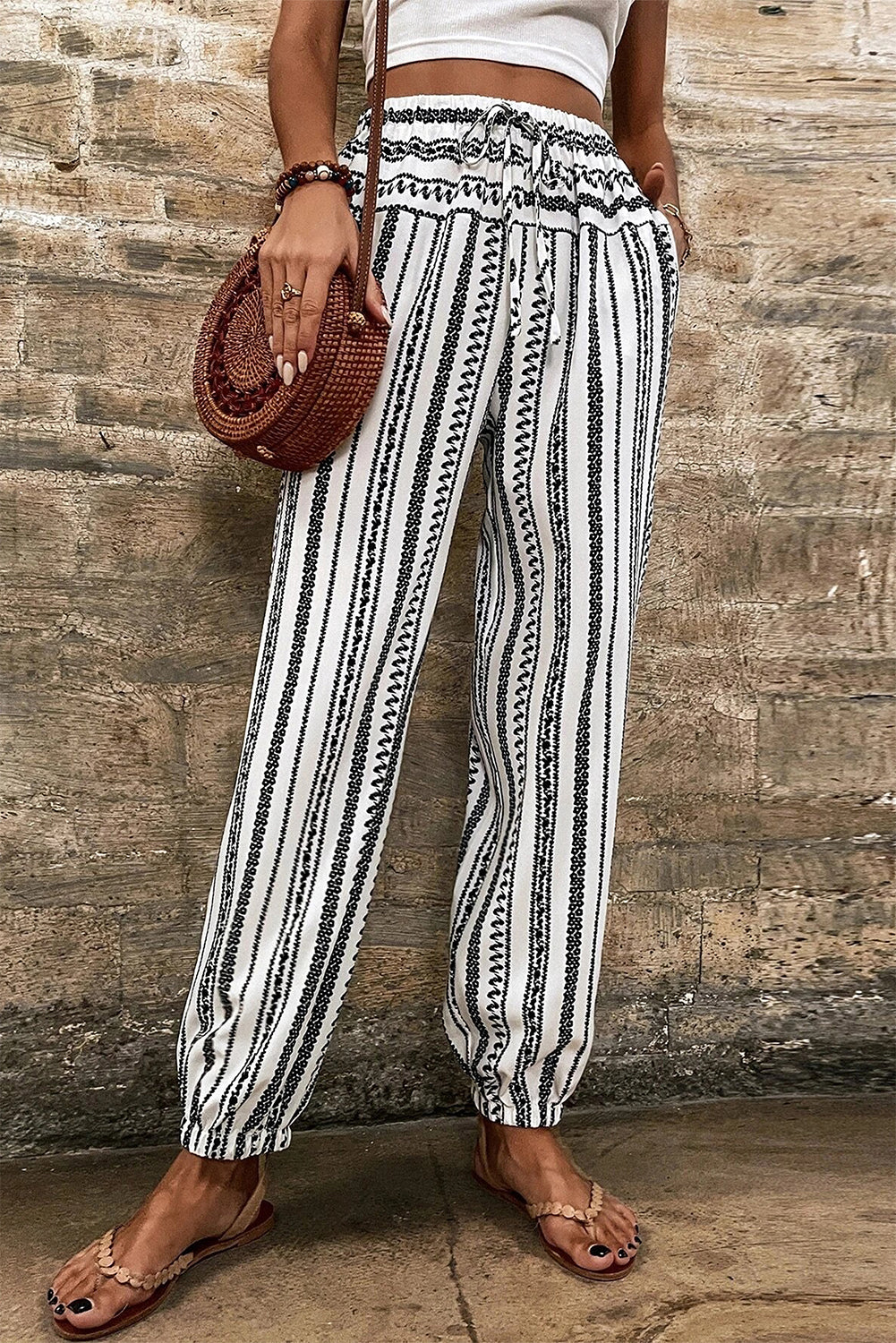 Black Stripe Boho Striped Print Casual Pants - Glimmer Road 