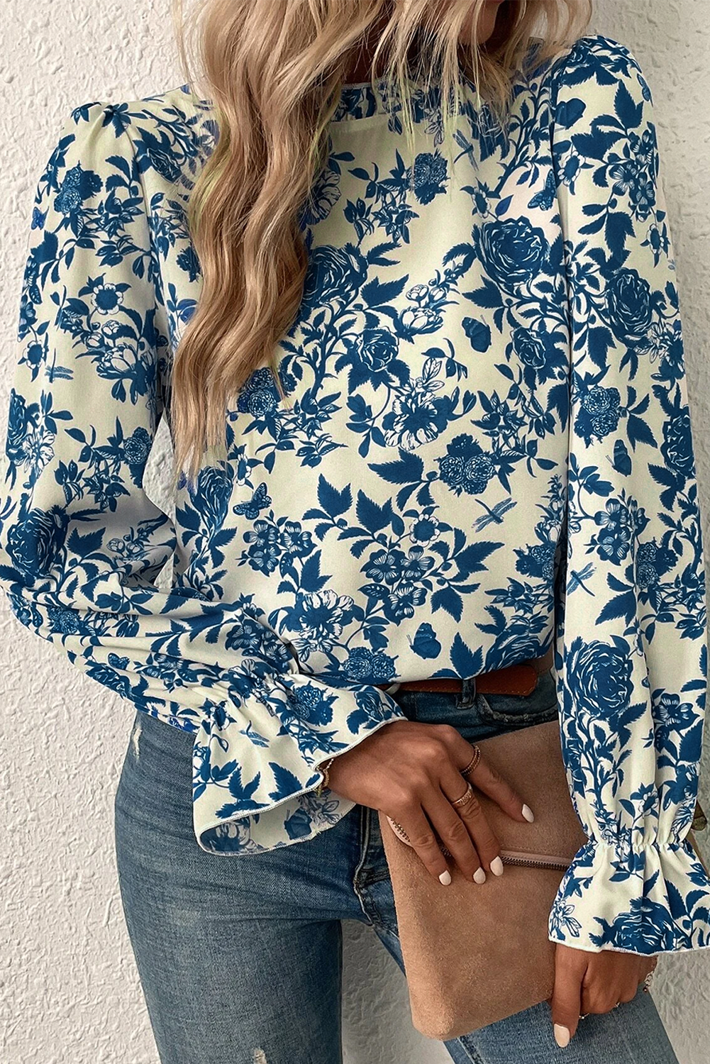 Sky Blue Floral Print Flounce Sleeve Keyhole Back Blouse - Glimmer Road 