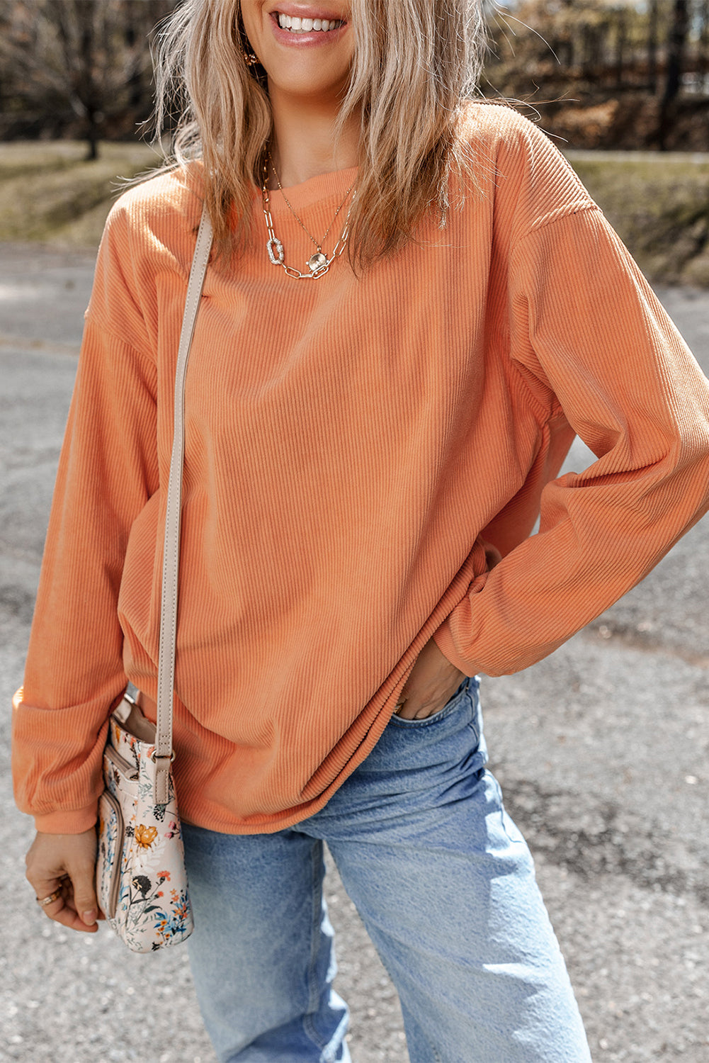 Orange Ribbed Corduroy Oversized Sweatshirt - Glimmer Road 