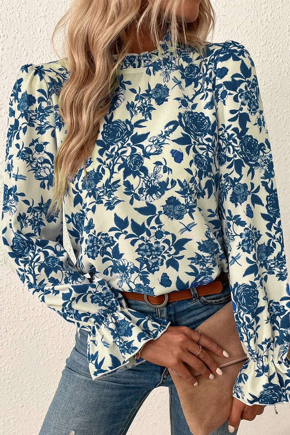 Sky Blue Floral Print Flounce Sleeve Keyhole Back Blouse - Glimmer Road 