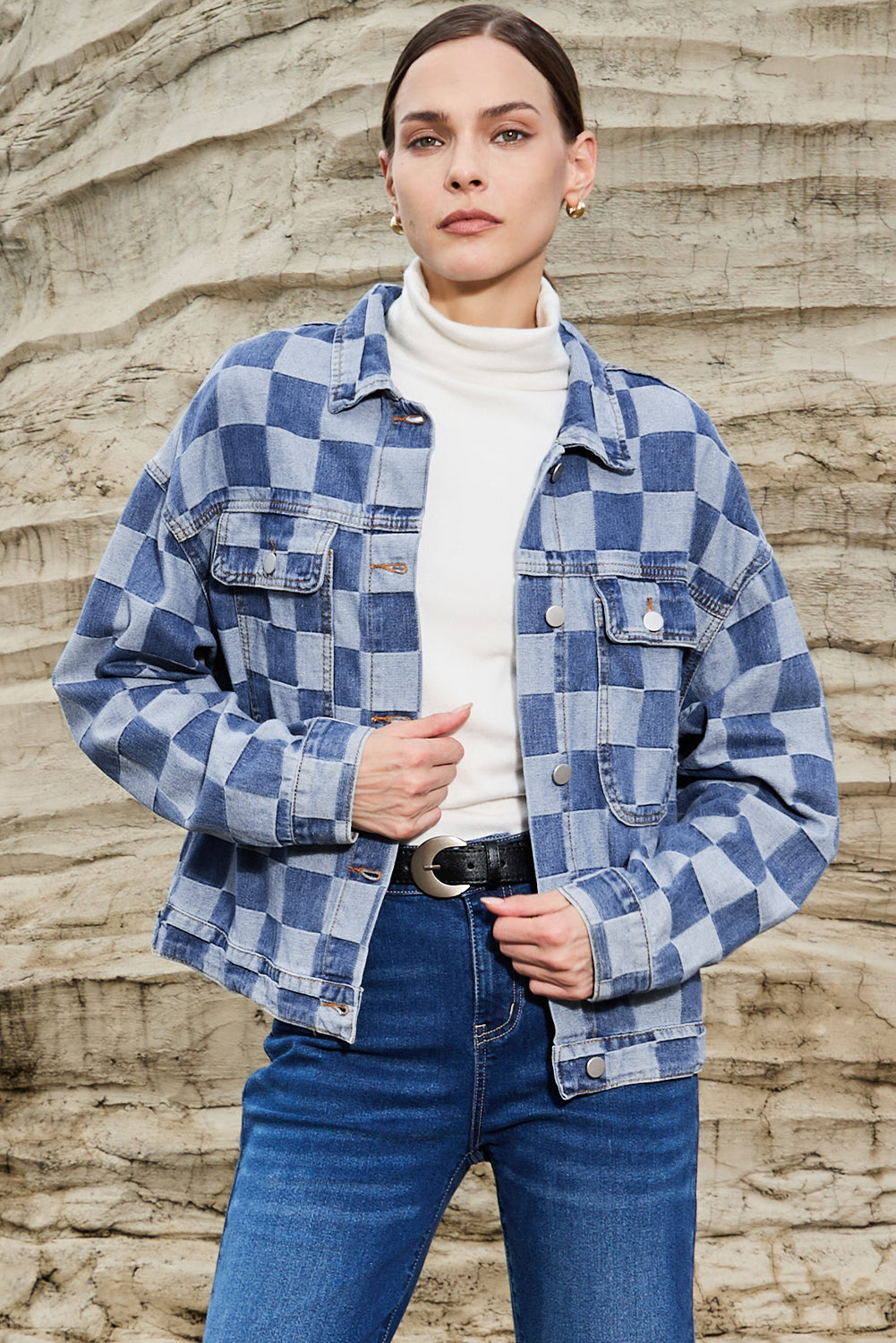 Light Blue Checkered Patchwork Button up Denim Jacket - Glimmer Road 
