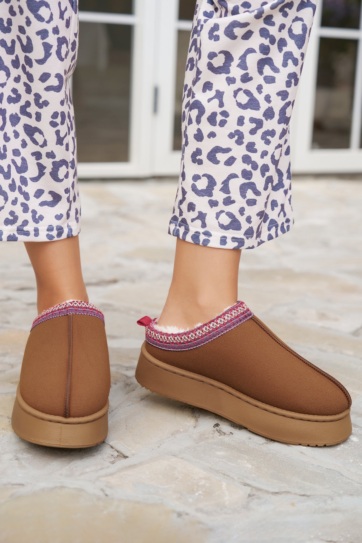 Chestnut Contrast Print Suede Plush Lined Snow Boots - Glimmer Road 