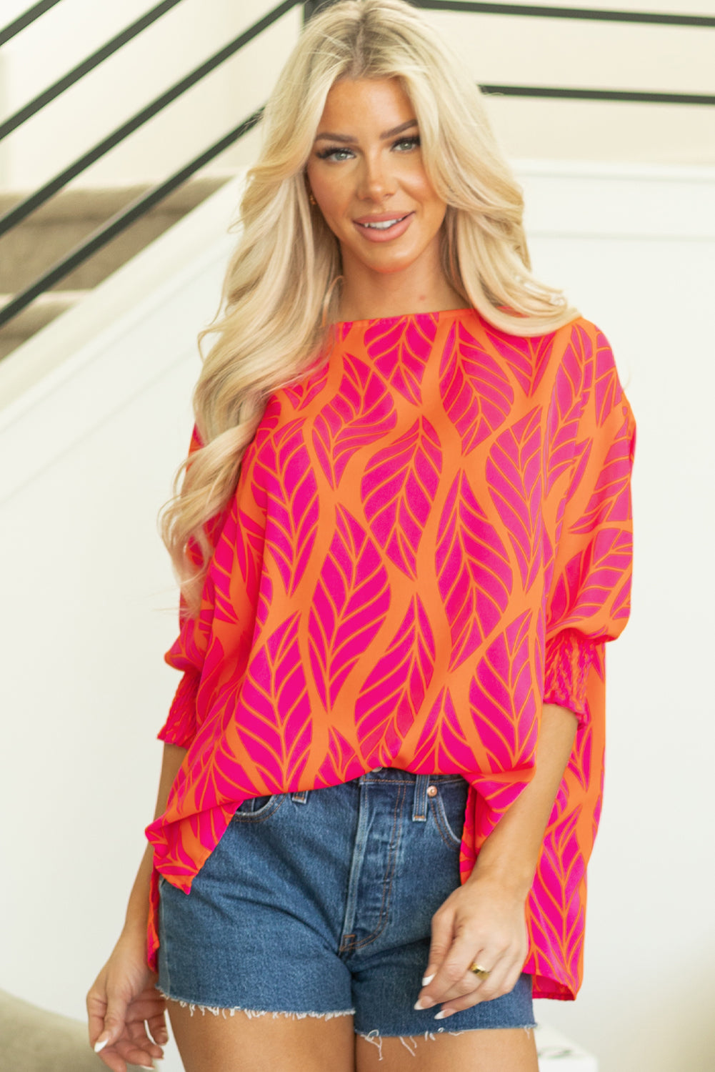 Rose Tropical Leaf Print Smocked Puff Sleeve Blouse - Glimmer Road 