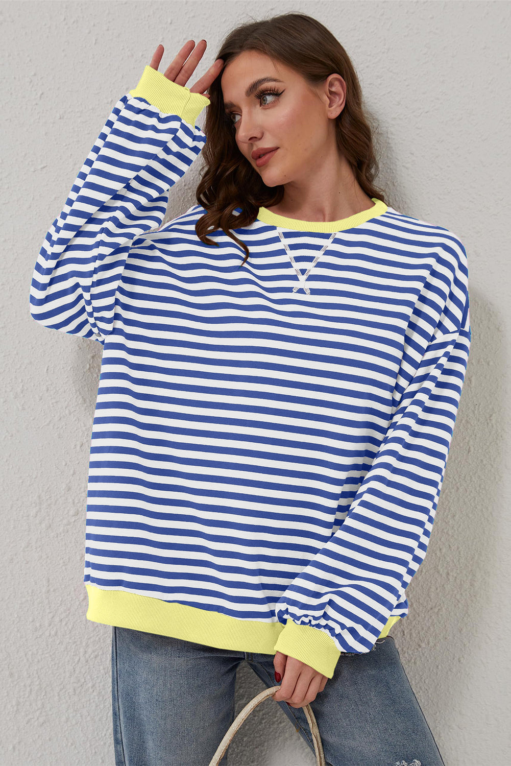 Blue Stripe Oversized Contrast Trim Pullover Sweatshirt - Glimmer Road 