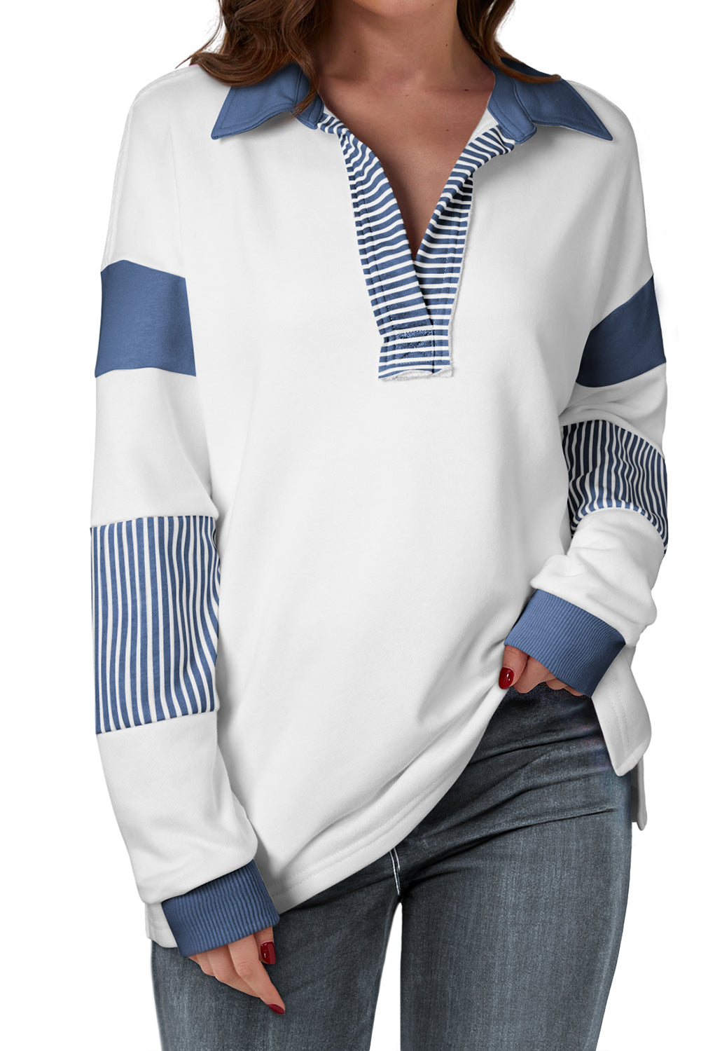 Sail Blue Striped Colorblock Patchwork Collar Sweatshirt