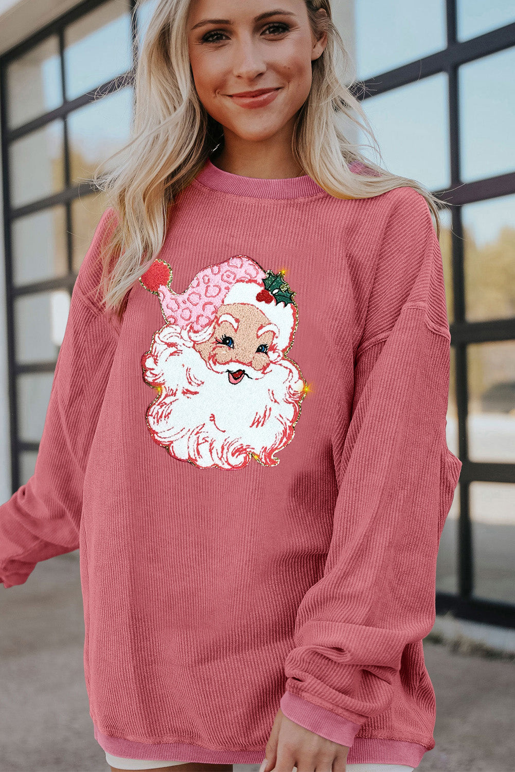 Strawberry Pink Santa Claus Sparkle Corded Crew Neck Sweatshirt - Glimmer Road 