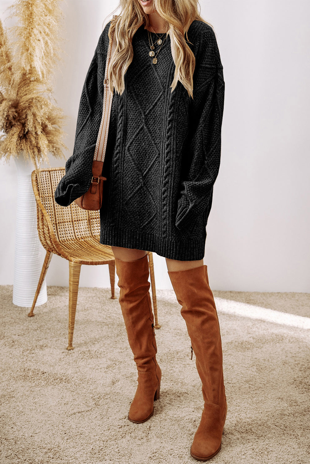 Coffee Cable Knit Drop Shoulder Loose Fit Sweater Dress