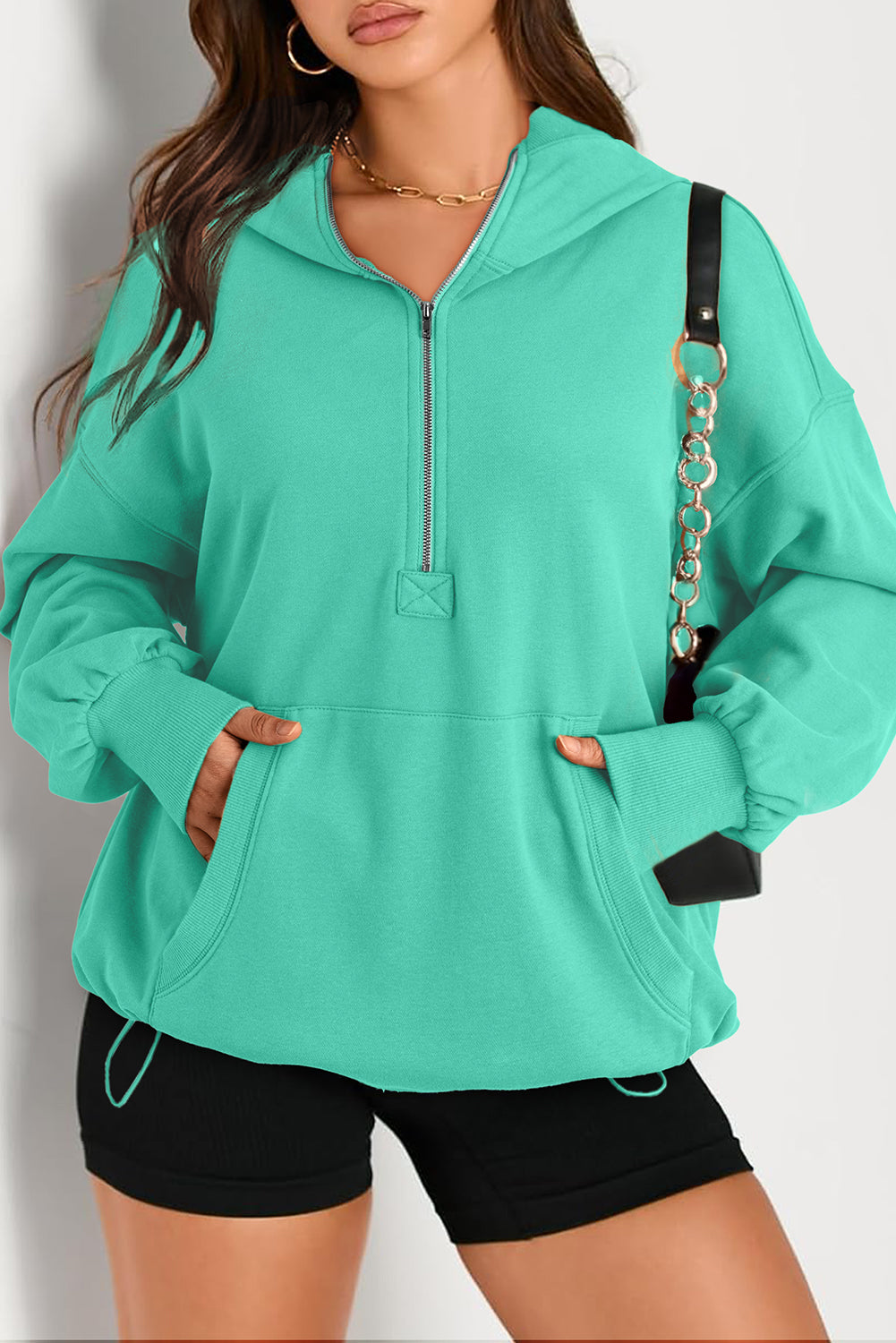 Orange Solid Kangaroo Pocket Half Zipper Oversized Hoodie - Glimmer Road 