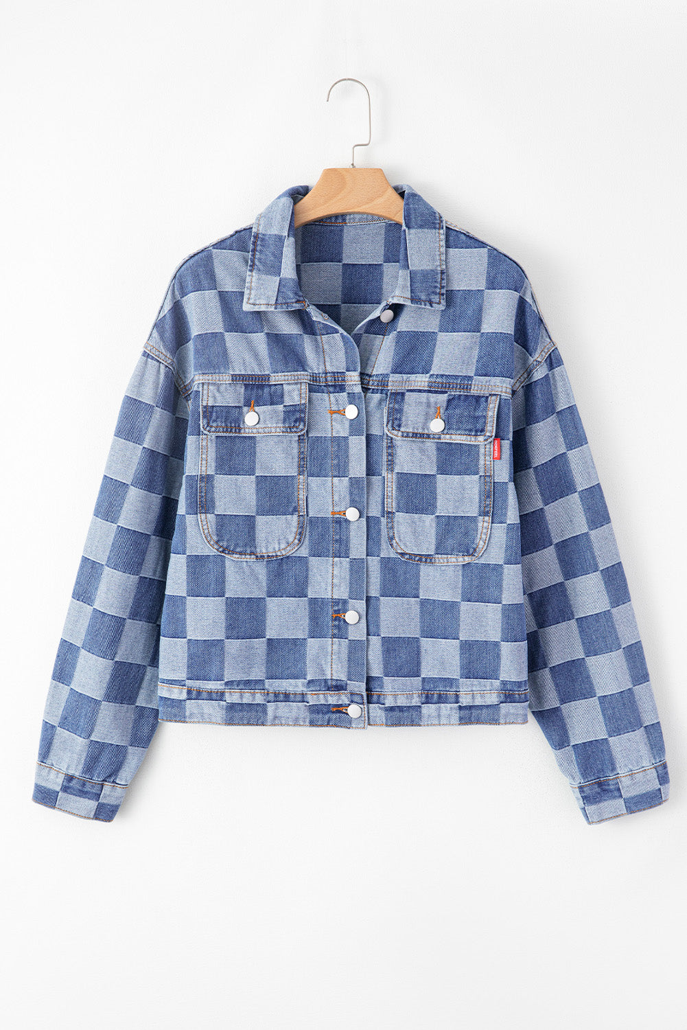 Light Blue Checkered Patchwork Button up Denim Jacket - Glimmer Road 