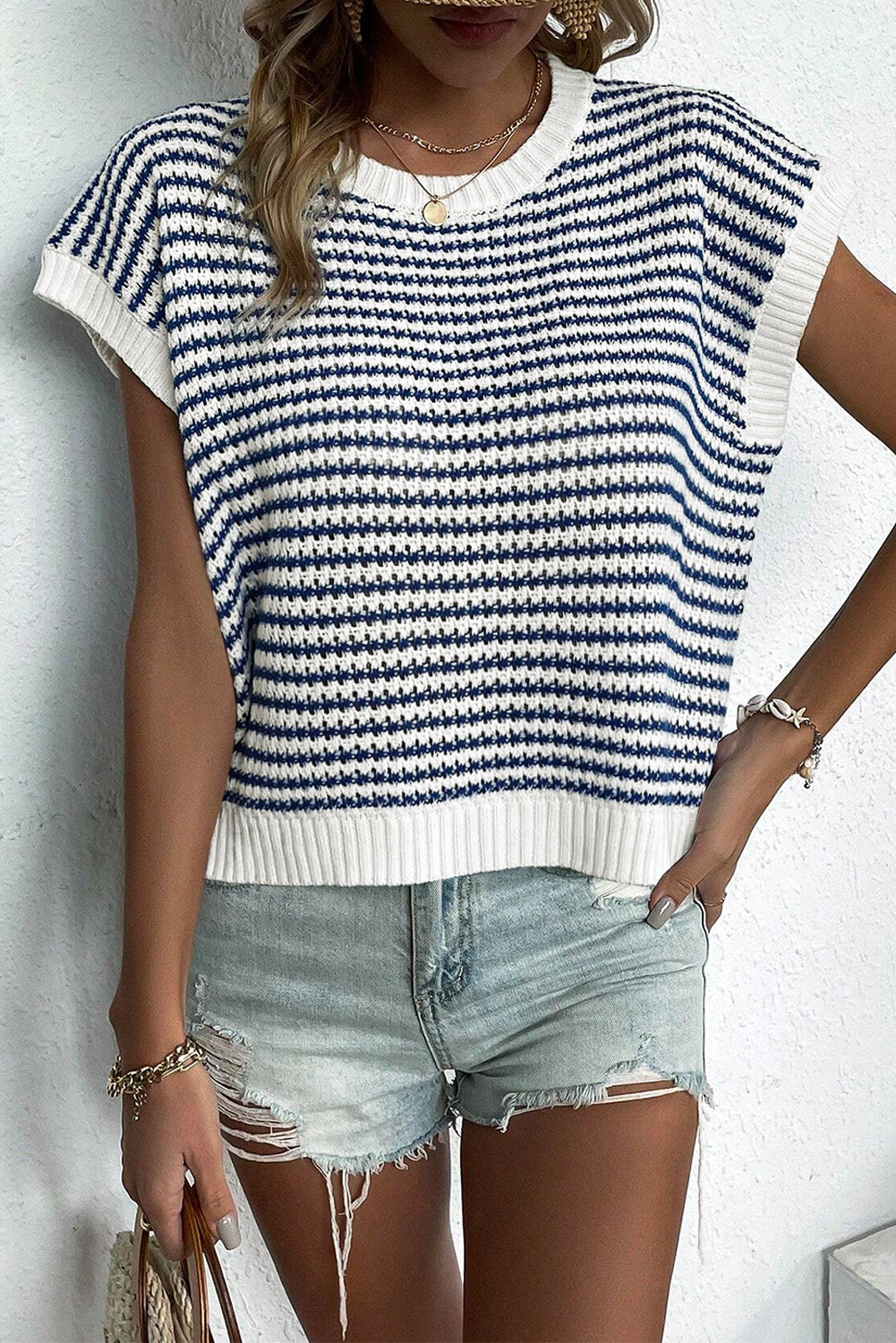 Blue Stripe Ribbed Trim Loose Fit Knitted Sweater Vest - Glimmer Road 