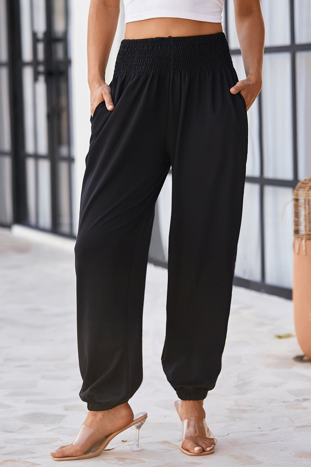 Black Smocked High Waist Joggers - Glimmer Road 