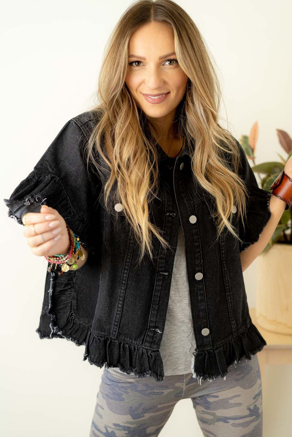 Black Raw Edge Ruffled Short Sleeve Denim Jacket - Glimmer Road 