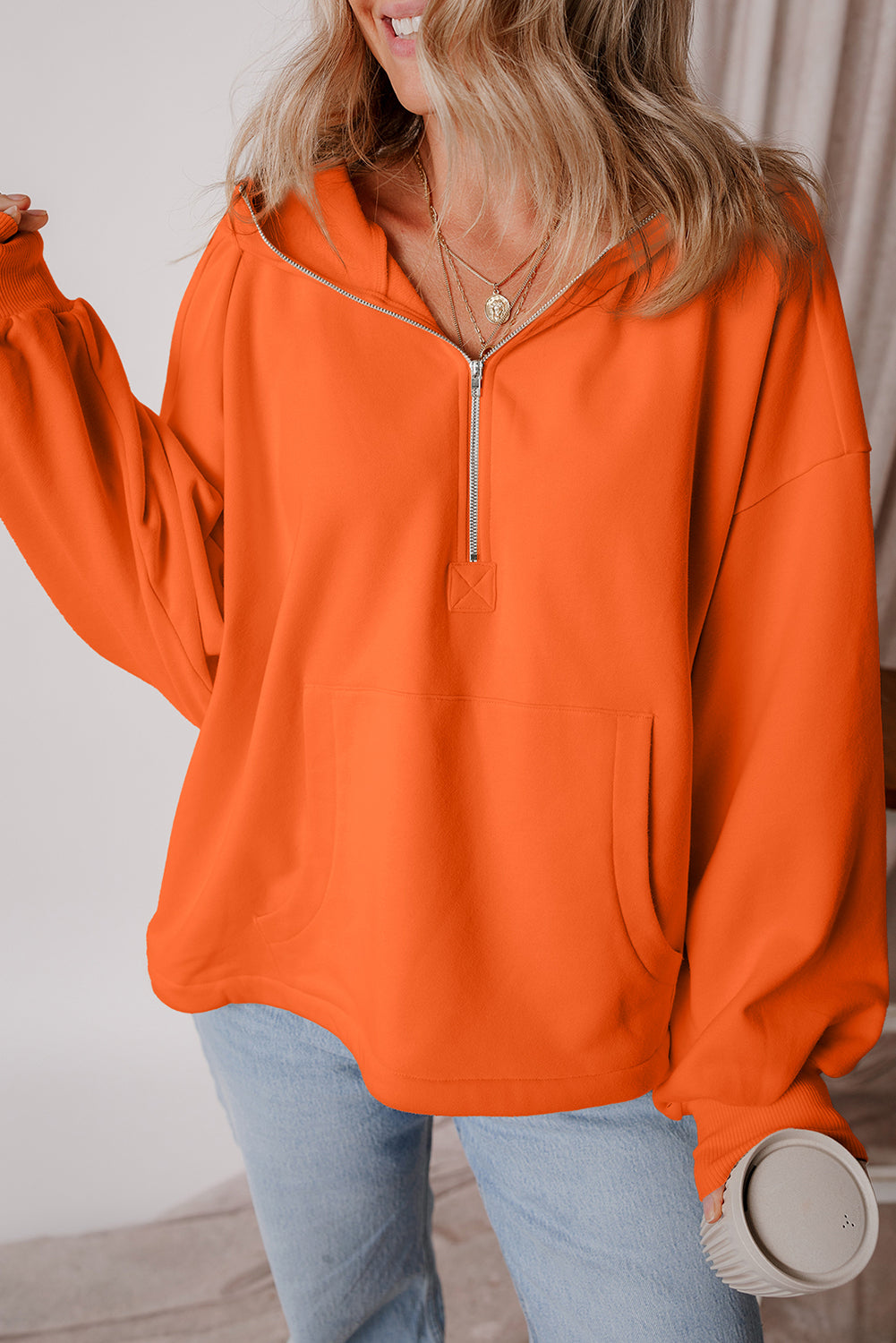Aruba Blue Fleece Lined Half Zipper Kangaroo Pockets Loose Hoodie - Glimmer Road 