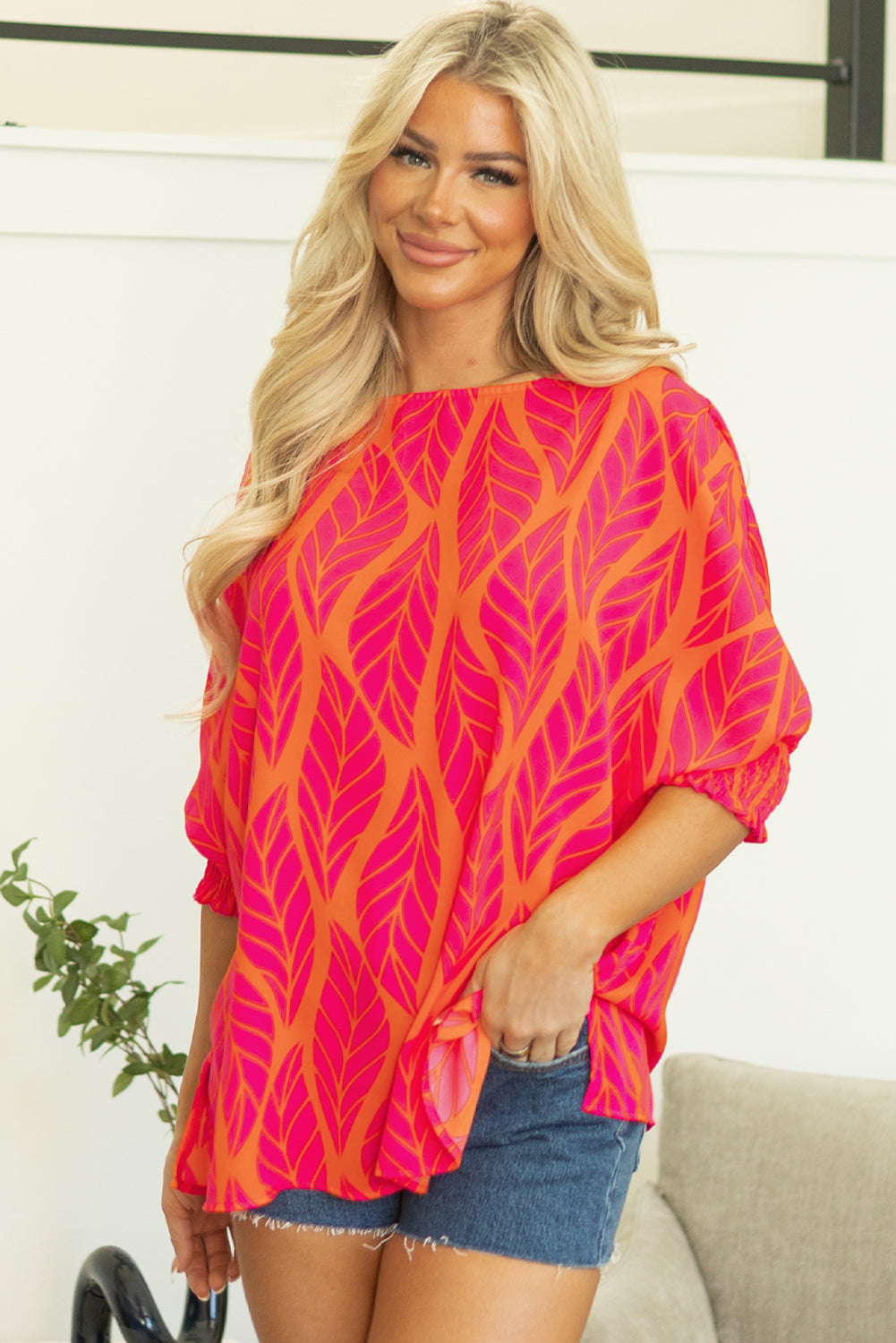 Rose Tropical Leaf Print Smocked Puff Sleeve Blouse - Glimmer Road 