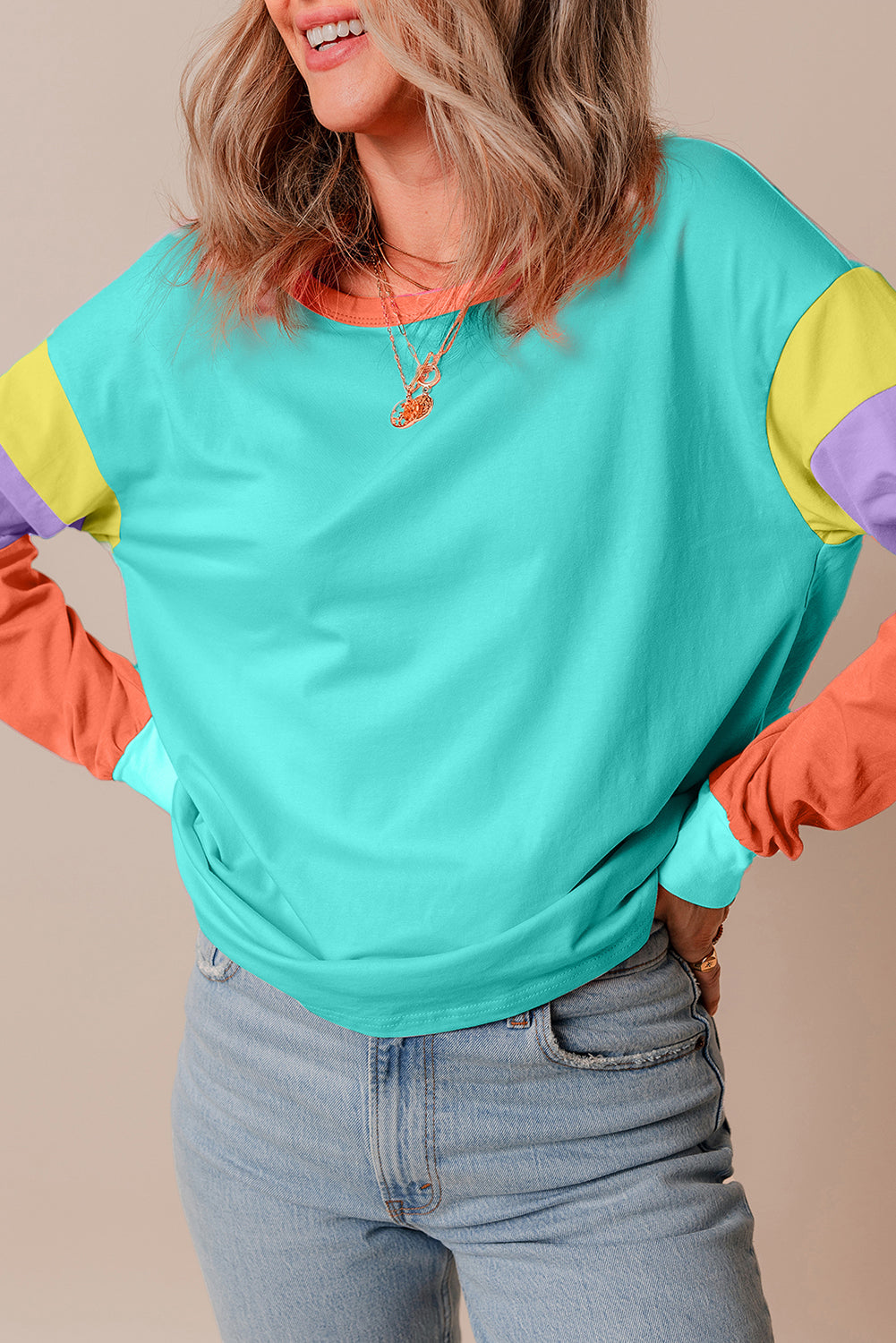 Light Blue Colorblock Patchwork Long Sleeve Loose Top - Glimmer Road 