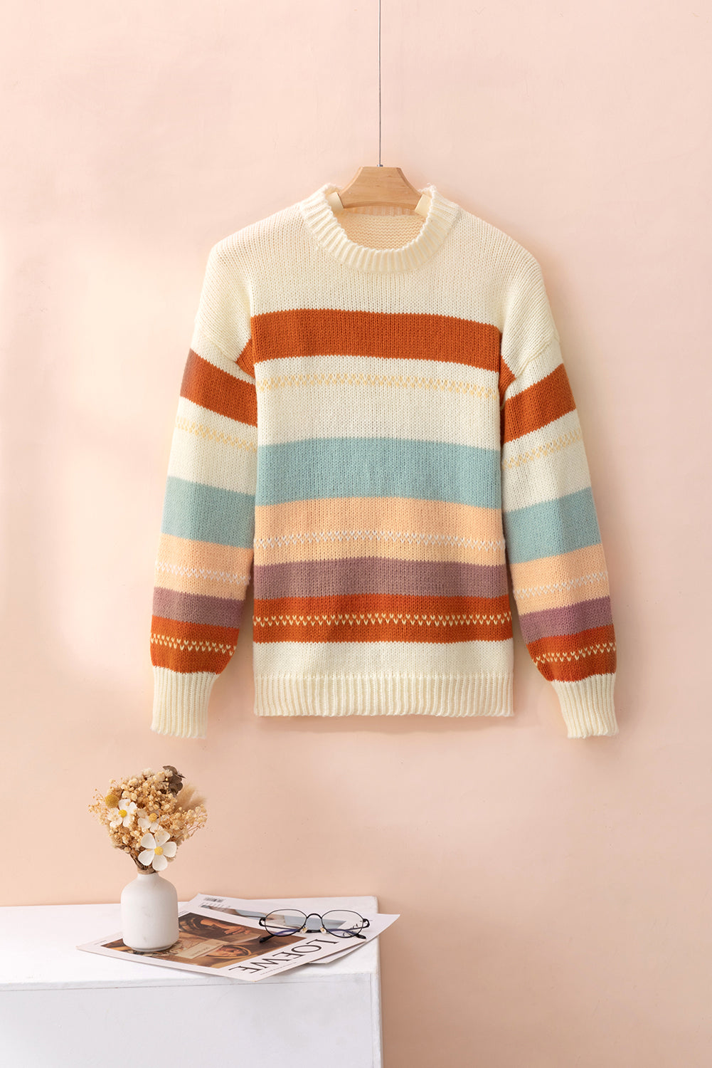 Crew Neck Drop-shoulder Striped Color Block Sweater - Glimmer Road 