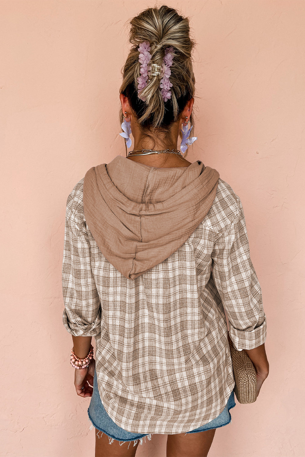 Khaki Checkered Print Loose Fit Buttoned Hooded Shacket - Glimmer Road 