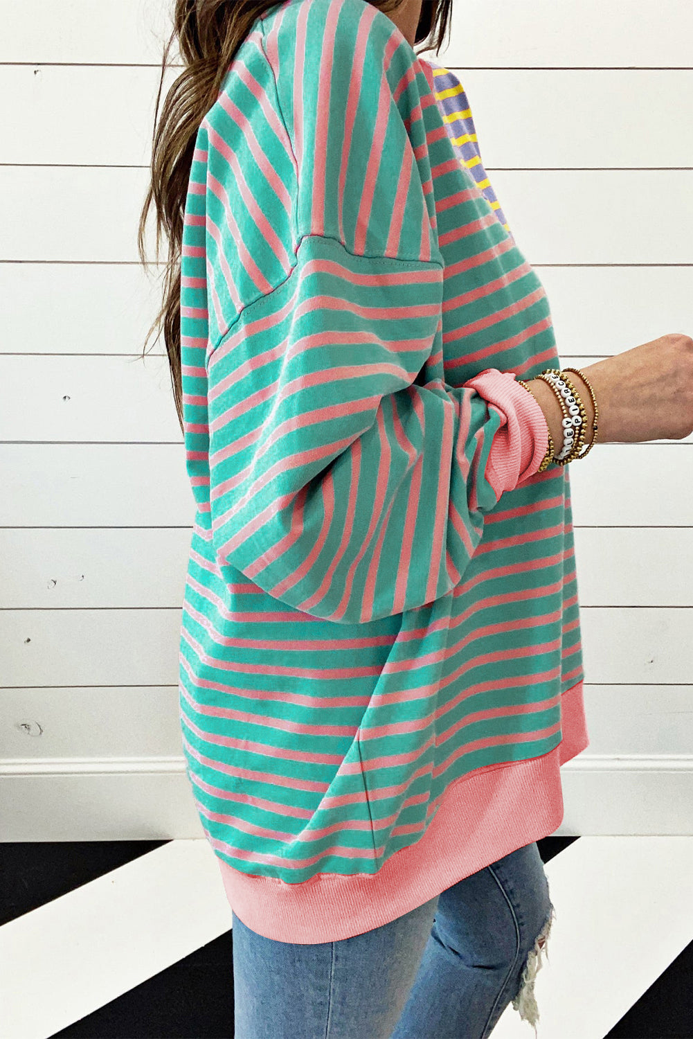 Green Stripe Casual Stripe Colorblock Drop Shoulder Oversize Sweatshirt