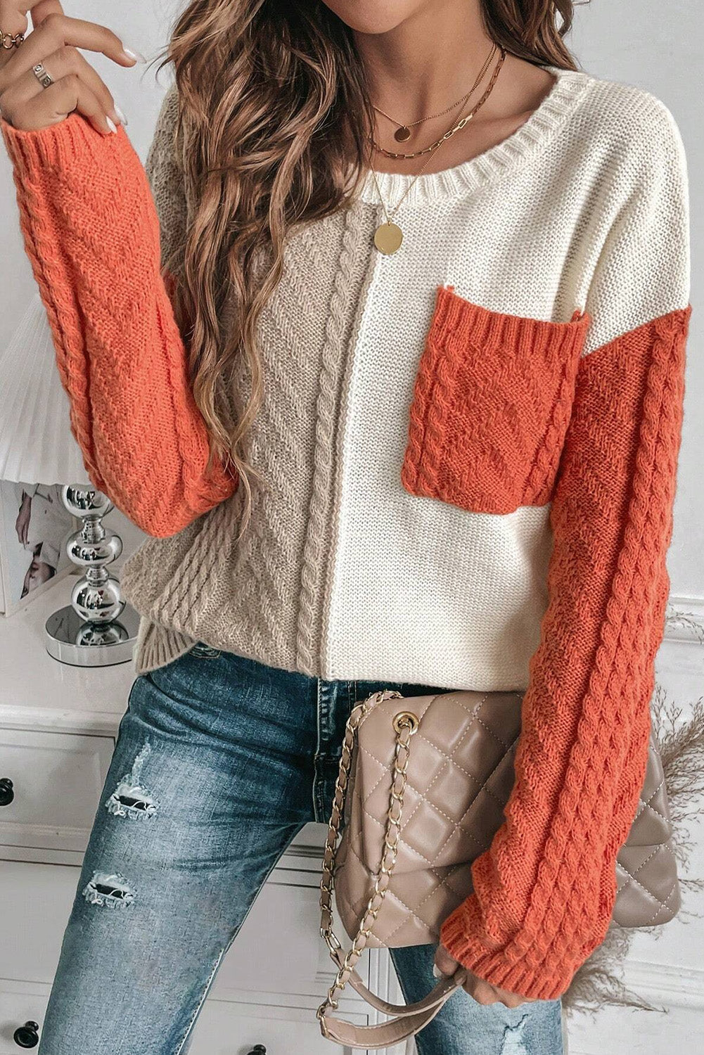 Gold Flame Colorblock Patched Pocket Drop Shoulder Sweater - Glimmer Road 