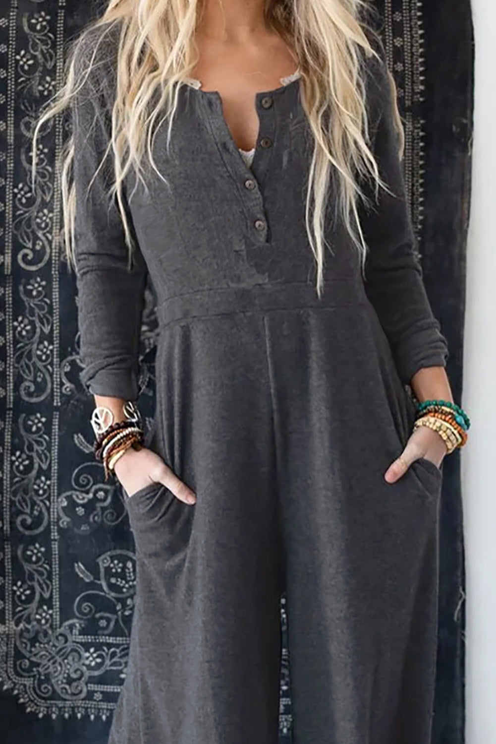 Gray Button Long Sleeve Wide Leg Jumpsuit - Glimmer Road 