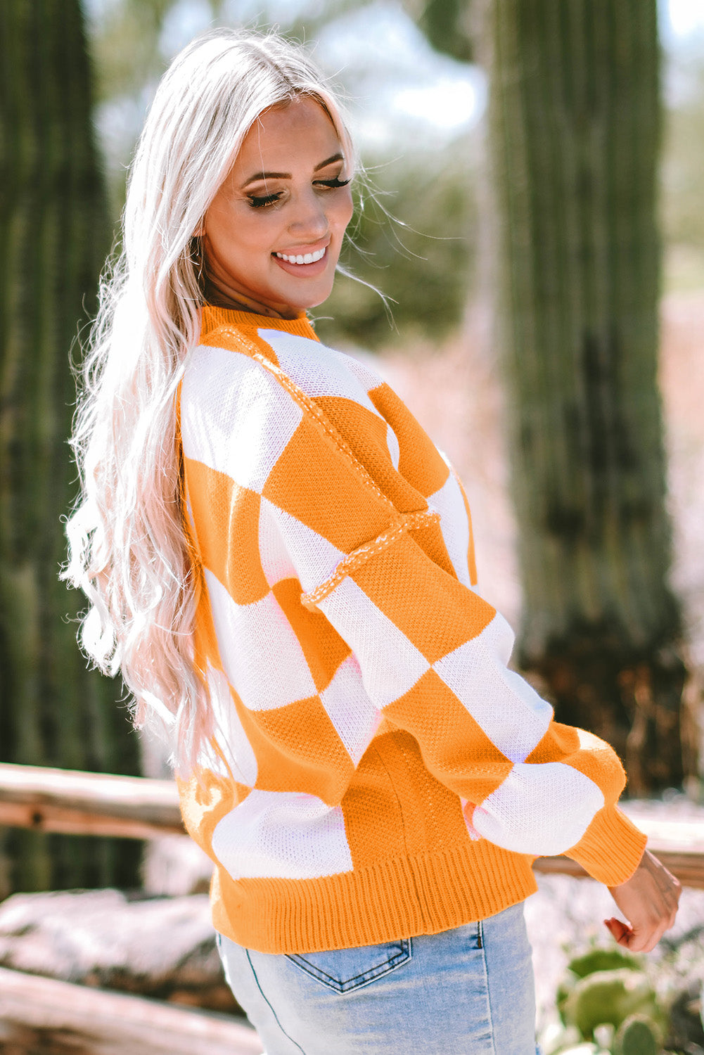 Orange Checkered Bishop Sleeve Sweater - Glimmer Road 