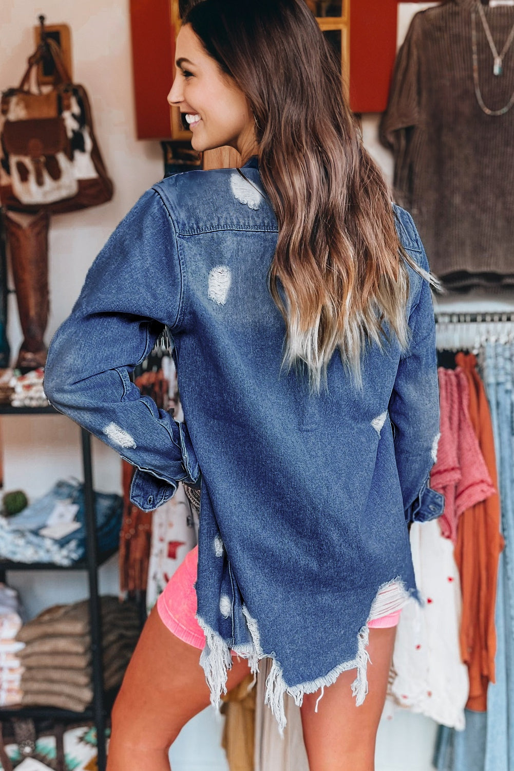 Sky Blue Mineral Wash Distressed Frayed Long Denim Jacket - Glimmer Road 