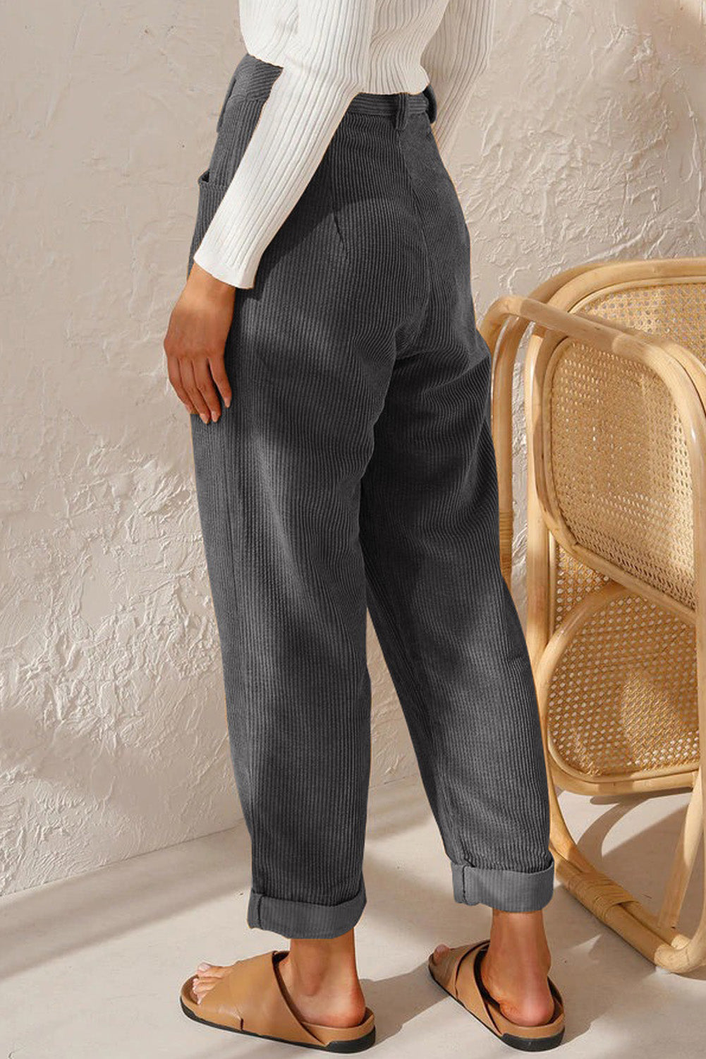 Gray Corduroy High Waist Straight Leg Pants - Glimmer Road 