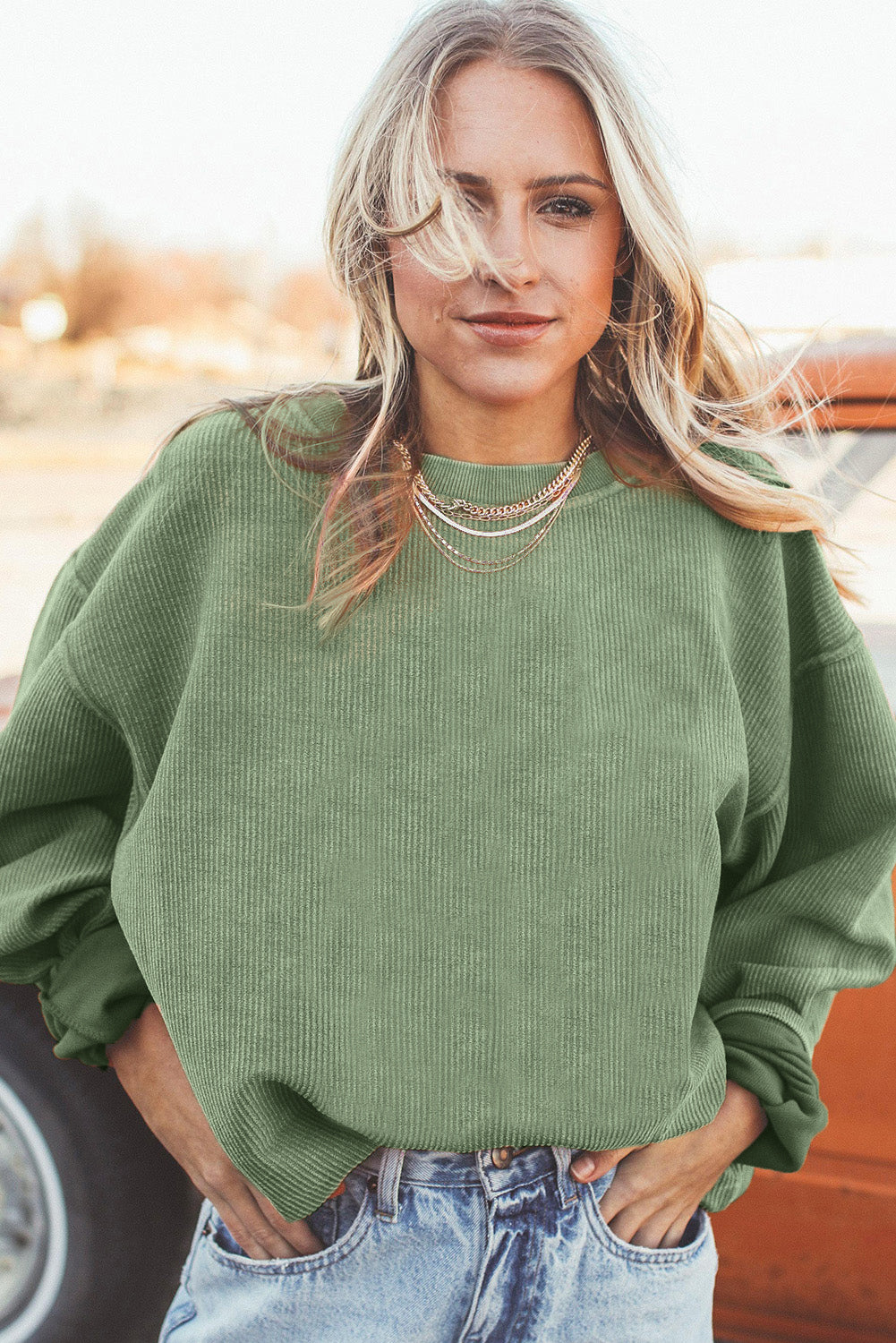 Grass Green Ribbed Corduroy Oversized Sweatshirt - Glimmer Road 