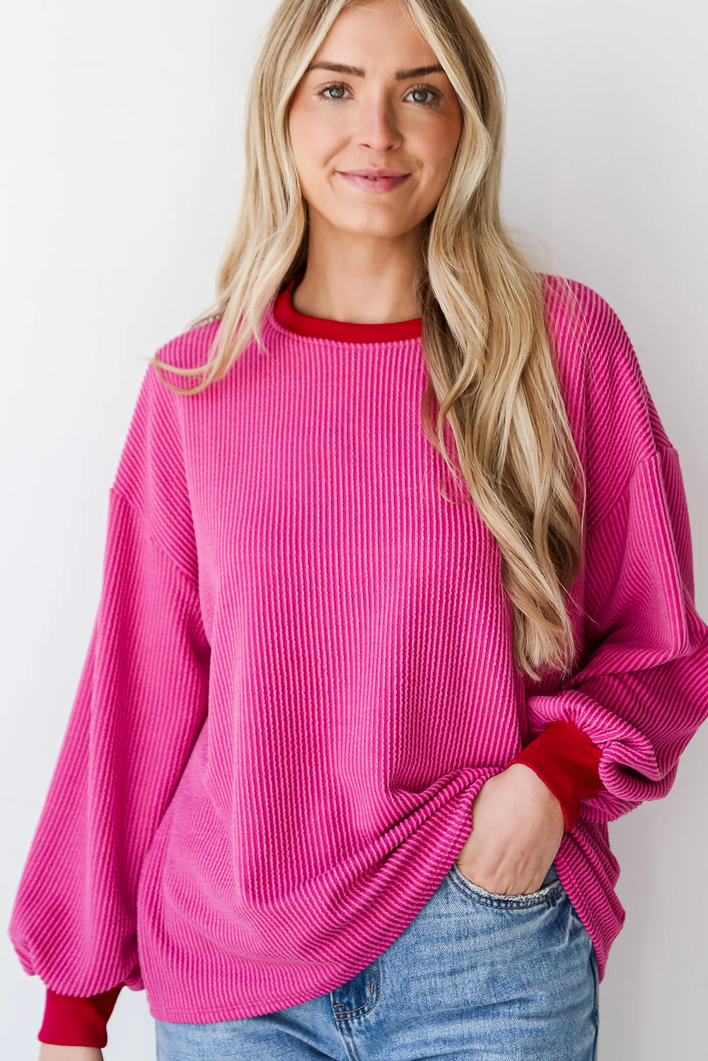 Bright Pink Corded Contrast Edge Drop Shoulder Long Sleeve Top