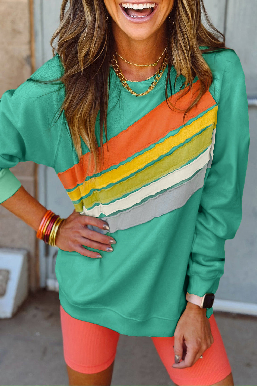 Beau Blue Rainbow Colorblock Striped Pullover Sweatshirt