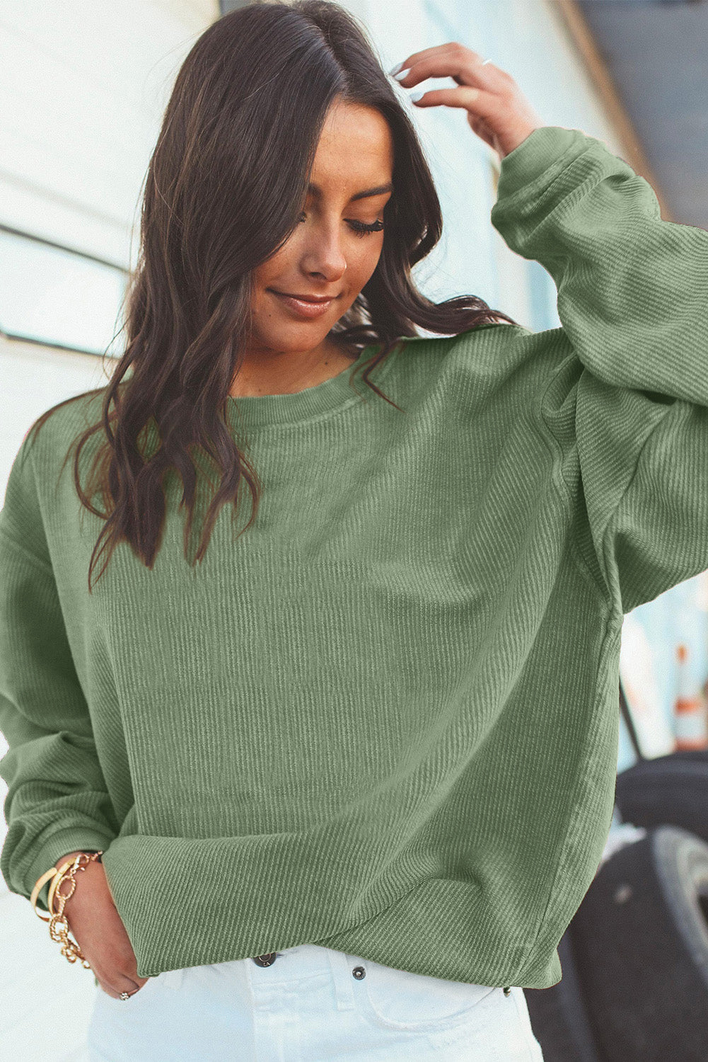 Grass Green Ribbed Corduroy Oversized Sweatshirt - Glimmer Road 